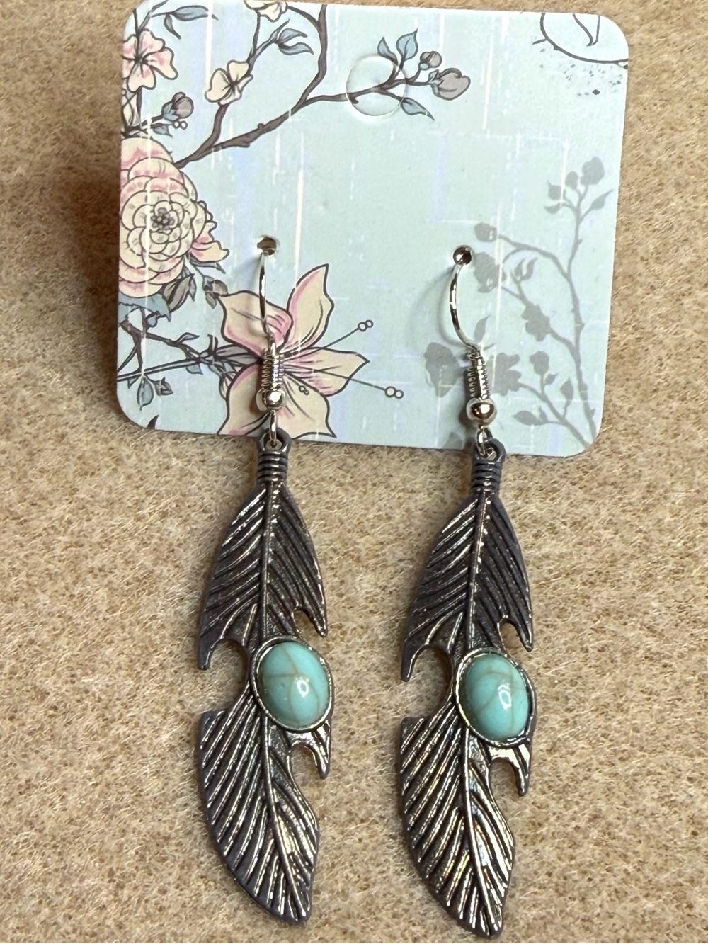 Silver Tone Feather Drop Earrings with Faux Turquoise Accent- NWOT